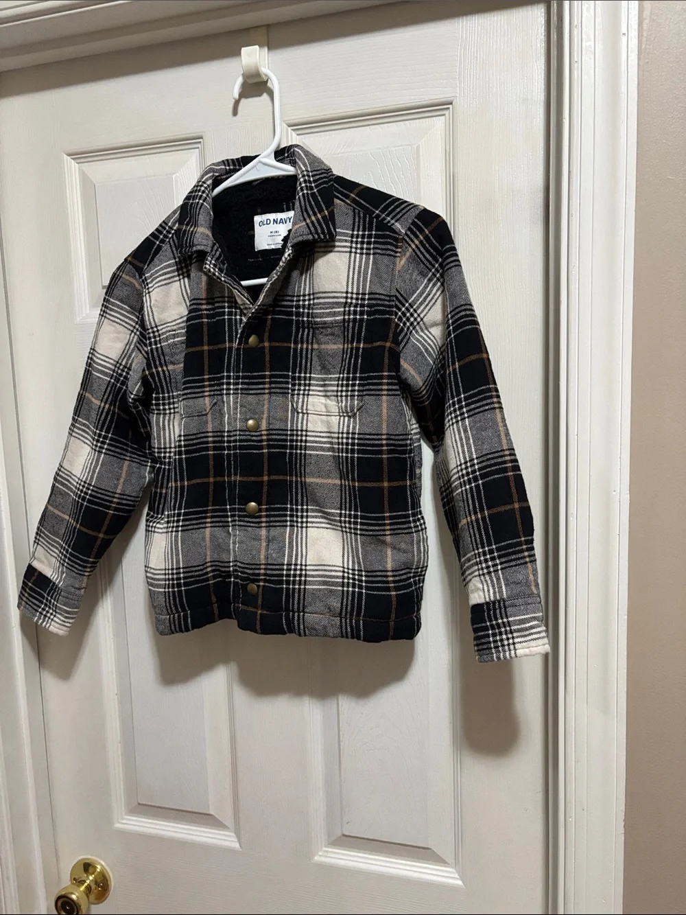 Old Navy Black Cream Plaid Button-Up Shacket with Brown Accent
